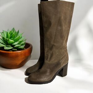 Ralph Lauren Women's Mid Calf Light Brown Suede Leather‎ Chunky Heel Boots 9.5